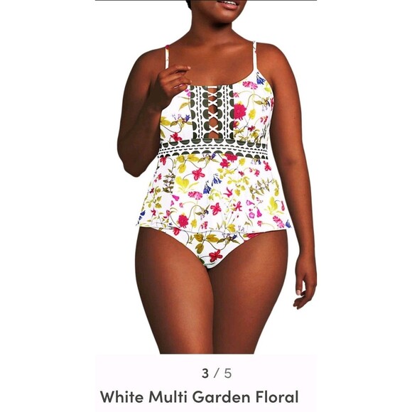 Lands End Lace-up Flutter Tankini Swimsuit Top White Multi Garden Floral 16W B29 - Picture 1 of 12